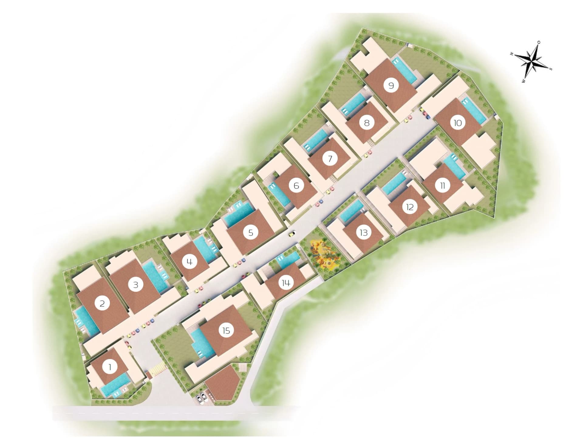 Masterplan of Sunti Residence: numbered plots along one internal lane, the playground between plots 13 and 14