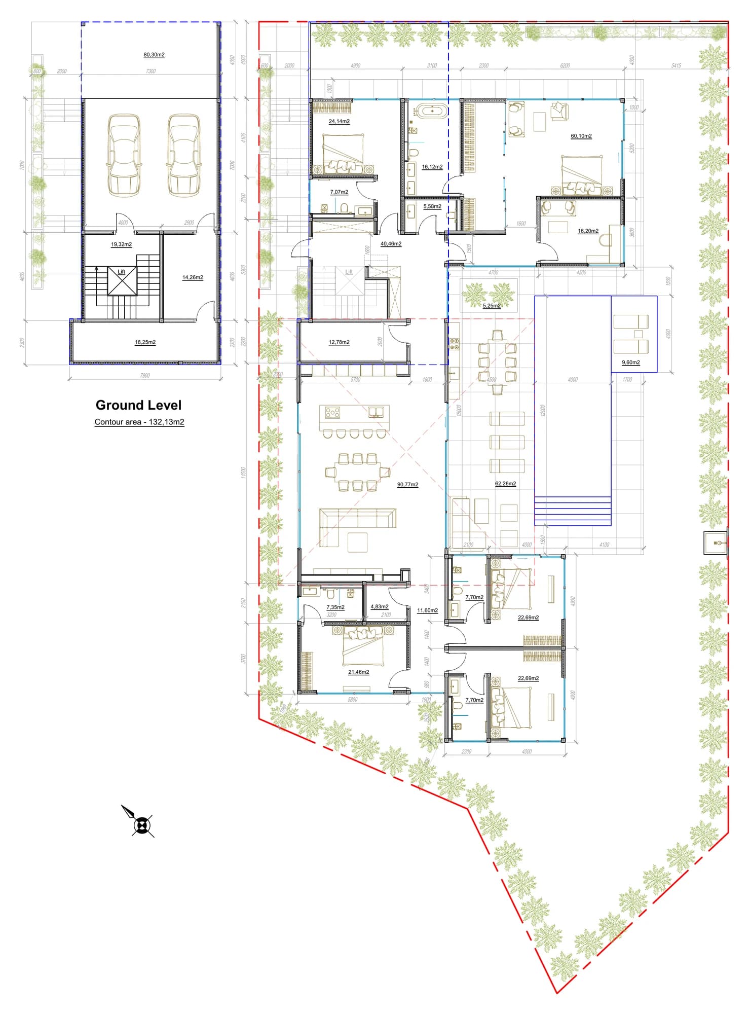 Villa 11 floor plan: garage level and main level with a lift