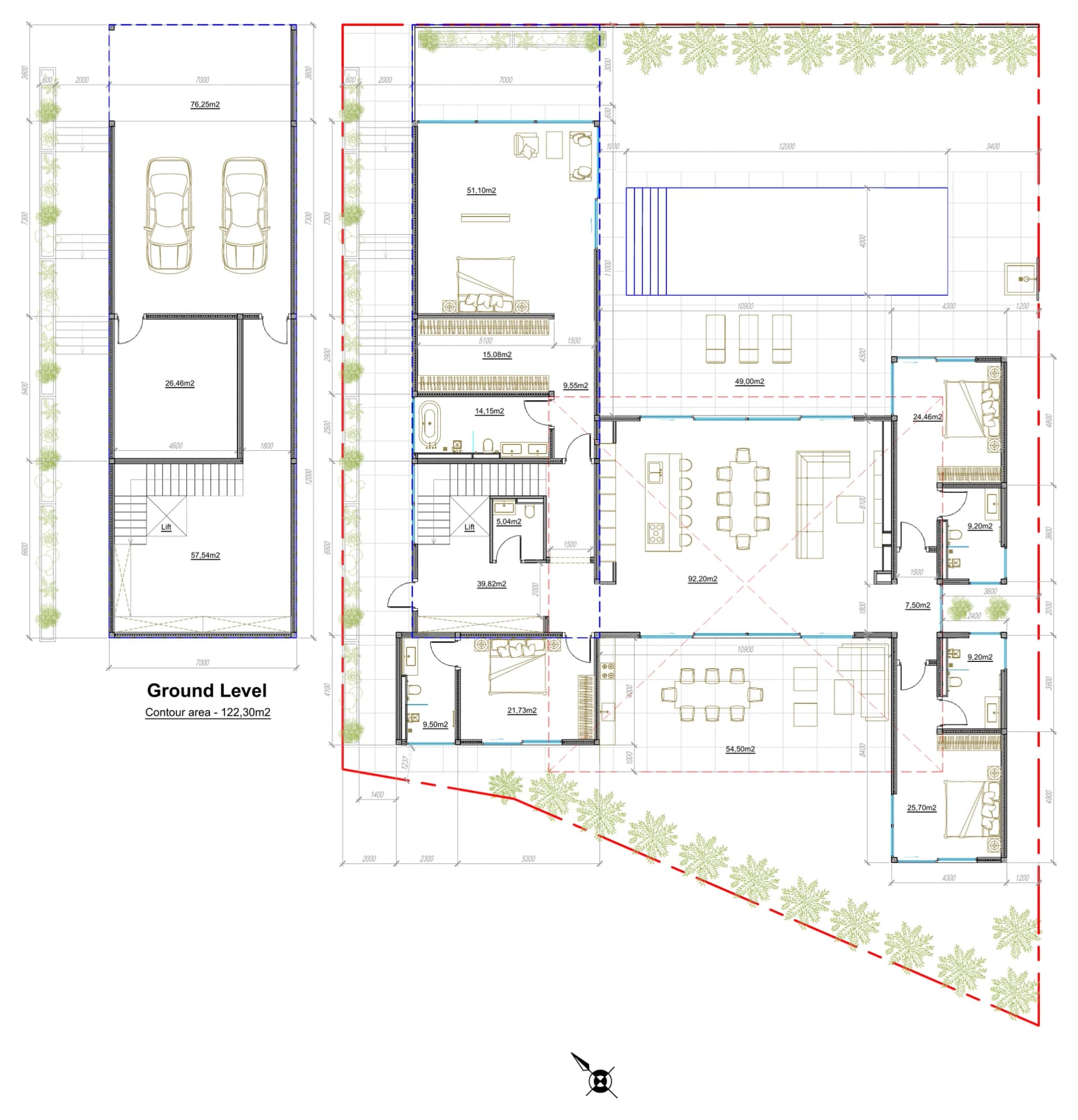 Villa 12 floor plan: garage level and main level with a lift