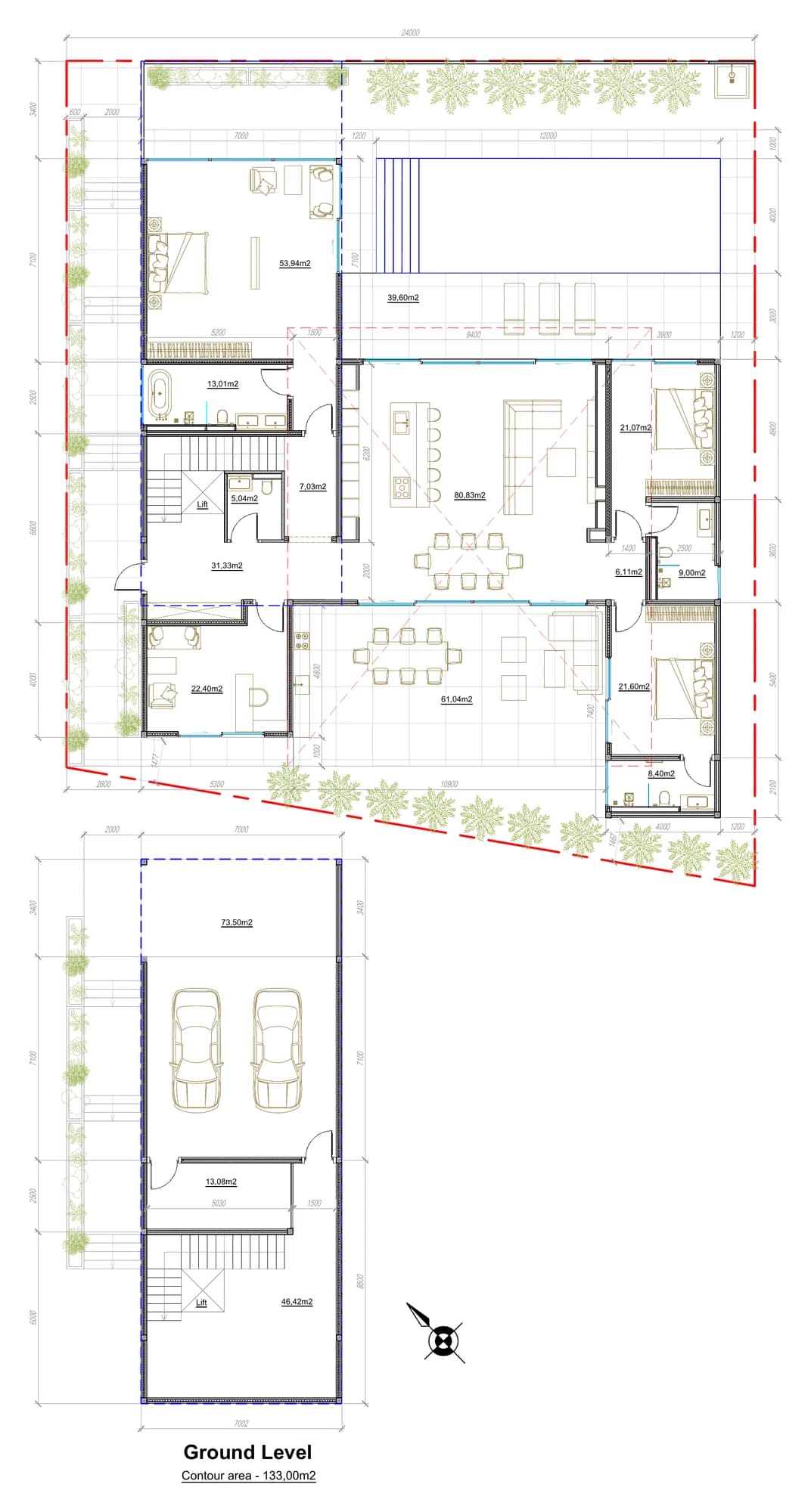Villa 13 floor plan: garage level and main level with a lift