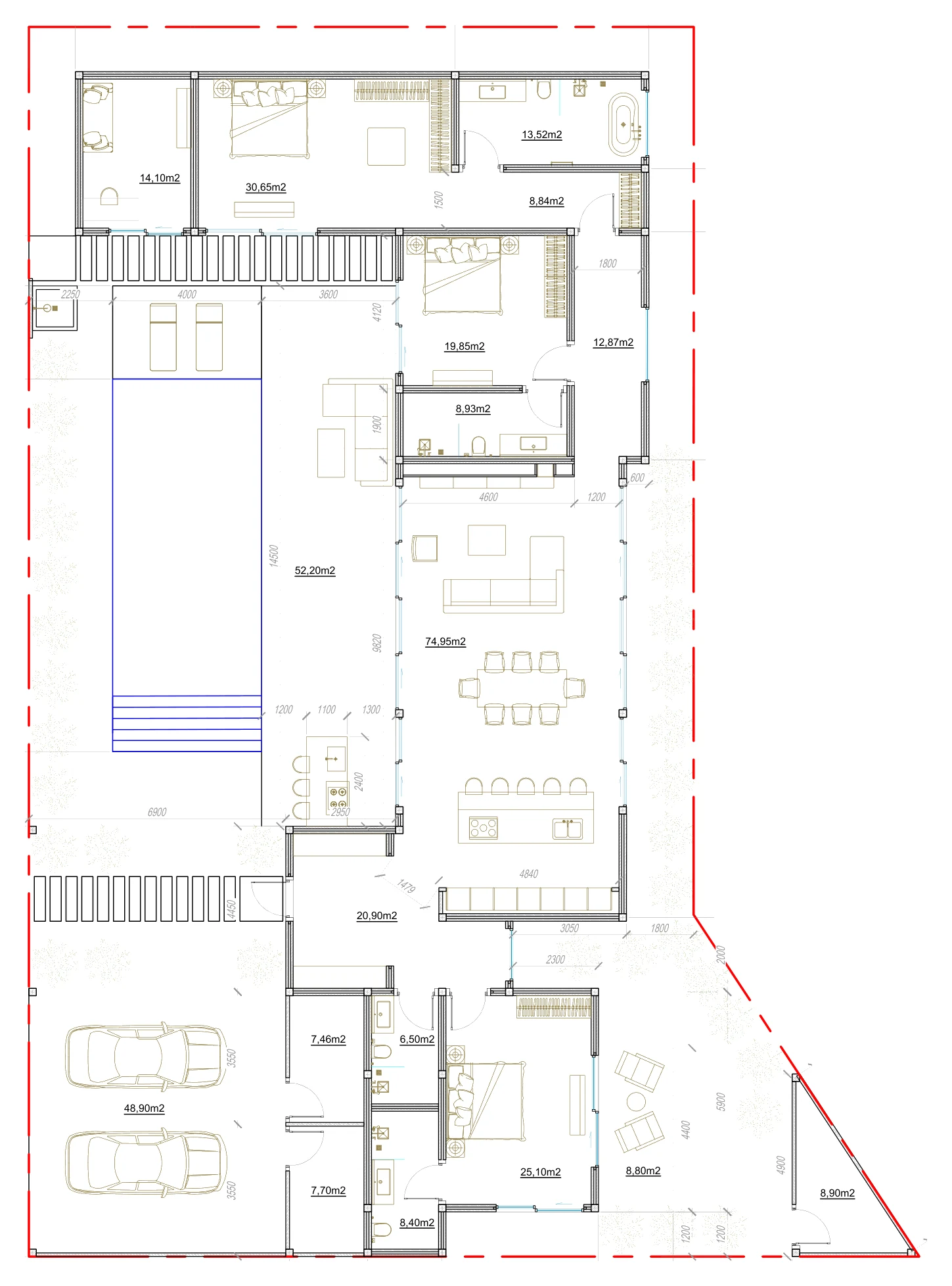 Villa 14 floor plan: three bedrooms and an office on one level
